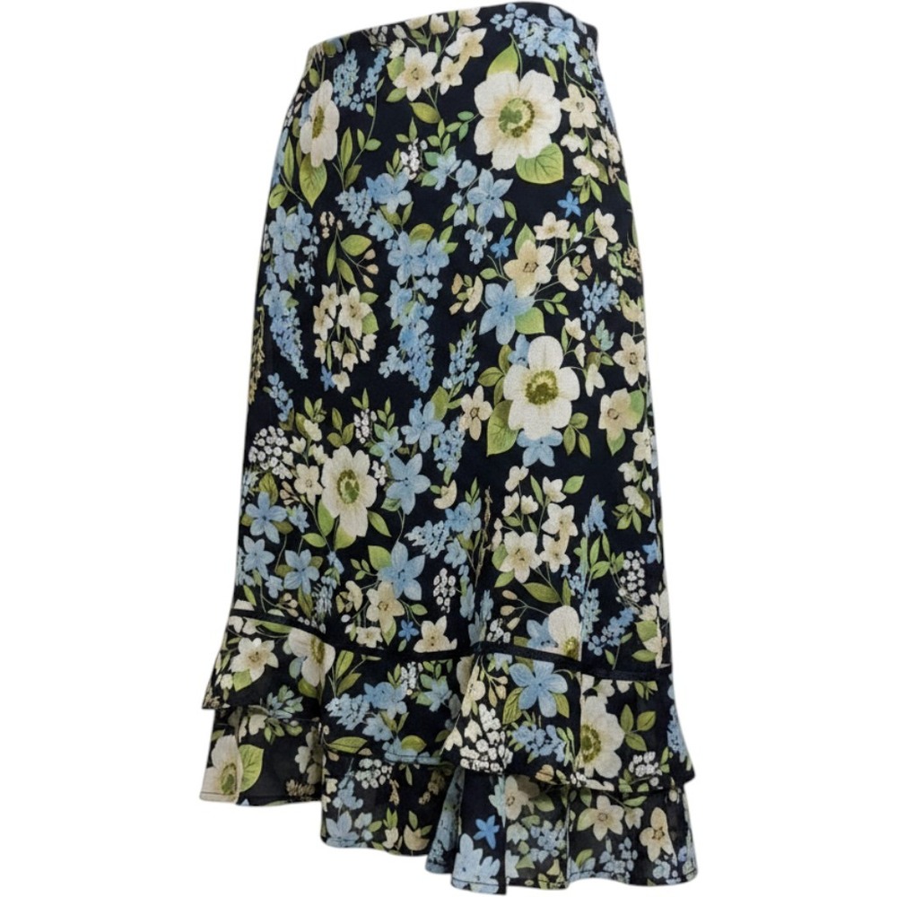 Dressbarn Floral Midi Skirt Womens Large Navy‎ Blue Ruffle Hem Chiffon Lined Bow